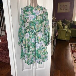 Floral Green Long-Sleeve Dress cottage core spring drawstring D319